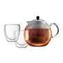 Théiere a piston - BODUM - ASSAM SET - 1.5 l avec filtre plastique + 2 verres PAVINA double paroi 0.25 l