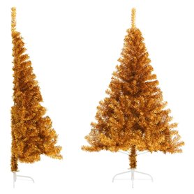 vidaXL Demi sapin de Noël artificiel avec support doré 180 cm PET