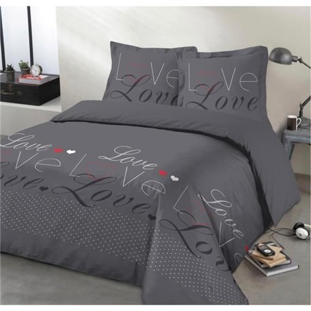 VISION Parure de couette Love - 100% coton - 1 housse de couette 240 x 260 cm + 2 taies d'oreiller 65 x 65 cm - Gris anthracite