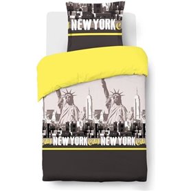 VISION Parure de couette New York - 100% coton - 1 housse de couette 140 x 200 cm + 1 taie d'oreiller 65 x 65 cm - Jaune et Gris