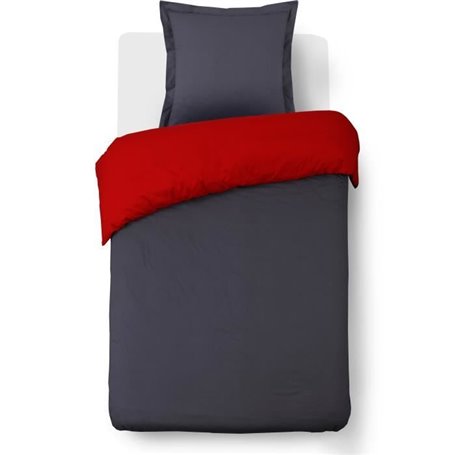 VISION - Bicolore - Housse de couette Réversible 140x200cm avec 1 taie 65x65cm - Anthracite/Rouge - 100% coton