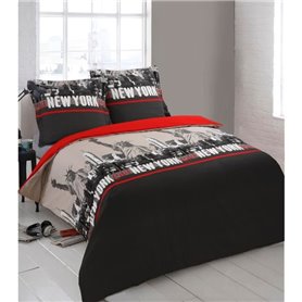 VISION Parure de couette New York - 100% coton - 1 housse de couette 200 x 200cm + 2 taies d'oreiller 65 x 65cm - Rouge et gris