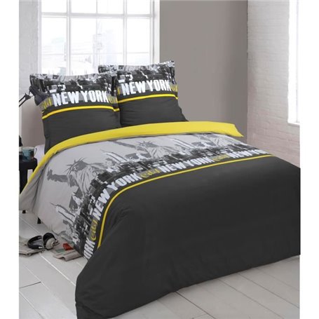 VISION Parure de couette New York - 100% coton - 1 housse de couette 200 x 200cm + 2 taies d'oreiller 65 x 65cm - Jaune et Gris