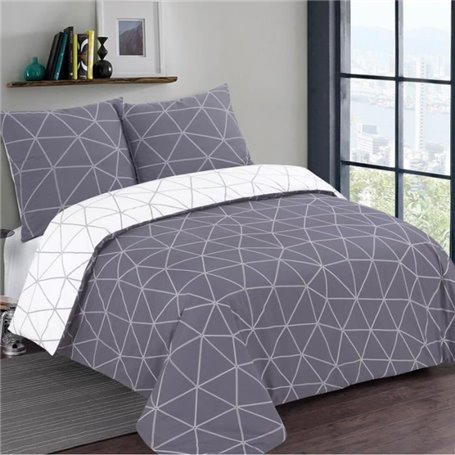 VISION - Parure de lit  HUGO gris réversible - 100%Coton - 1 housse de couette 140x200cm + 1 taie 65x65cm - Gris-blanc