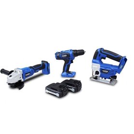 HYUNDAI Pack 3 outils 18V : perceuse 40Nm + meuleuse d'angle 115mm + scie sauteuse + 2 batteries 1