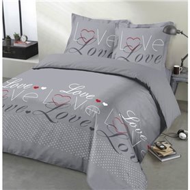 VISION - Parure de lit Love - 100% coton - 1 housse de couette 200 x 200 cm + 2 taies d'oreiller 65 x 65 cm - Gris