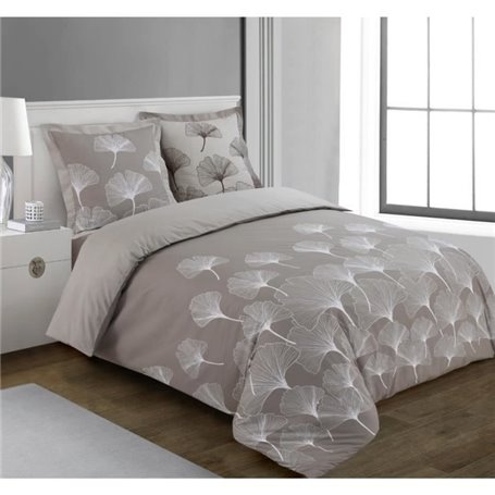 VISION Parure housse de couette réversible GINKO - 100%Coton - 1 housse de couette 260x240cm + 2 taies d'oreiller 65x65cm - Beig