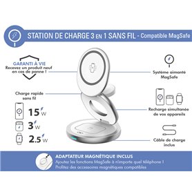 Chargeur induction Garanti à vie Compatible MagSafe 15W sans chargeur 3en1 Pliable Blanc Force Power