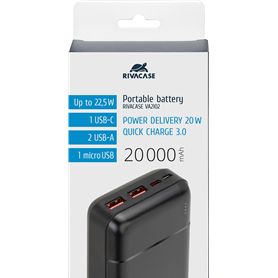 Powerbank USB A/USB C/ Micro USB 20000mAh Power Delivery Noire Rivacase