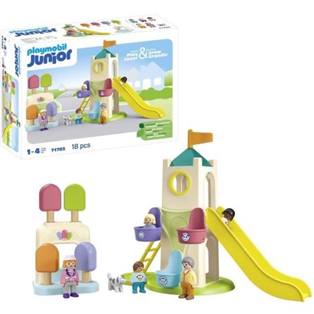 PLAYMOBIL Junior 71703 Aire de jeux avec toboggan géant Comprend cinq personnages