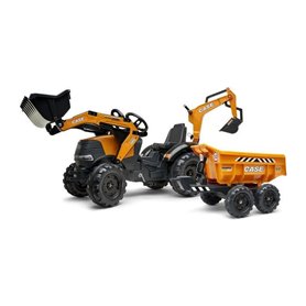 FALK - 997W - Tractopelle a pedales Case IH Construction avec excavatrice et selle pivotante + remorque double essieux basculant