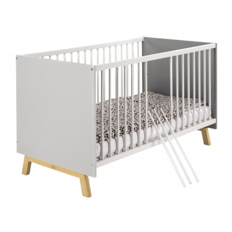 Lit bébé 70x140 cm bois gris et pieds hêtre clair Vegas  L 144 x H 84 x P 77 cm