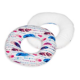 Coussin rond post natal plumes multicolores  blanc