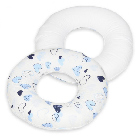 Coussin rond post natal Coeurs bleus  blanc