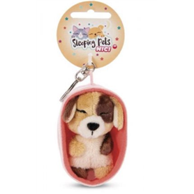 PELUCHE PORTE-CLES 8 CM - CHIEN BICOLORE BEIGE MARRON ENDORMI
