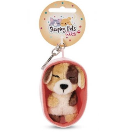 PELUCHE PORTE-CLES 8 CM - CHIEN BICOLORE BEIGE MARRON ENDORMI