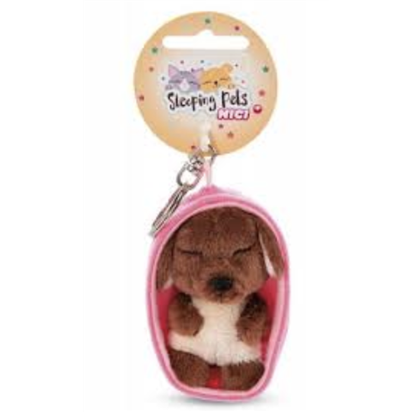 PELUCHE PORTE-CLES 8 CM - CHIEN MARRON ENDORMI