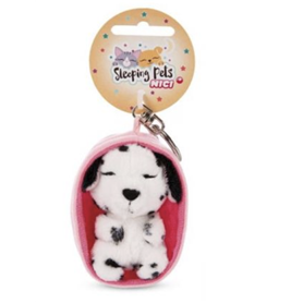 PELUCHE PORTE-CLES 8 CM - CHIEN TACHETE NOIR ET BLANC ENDORMI