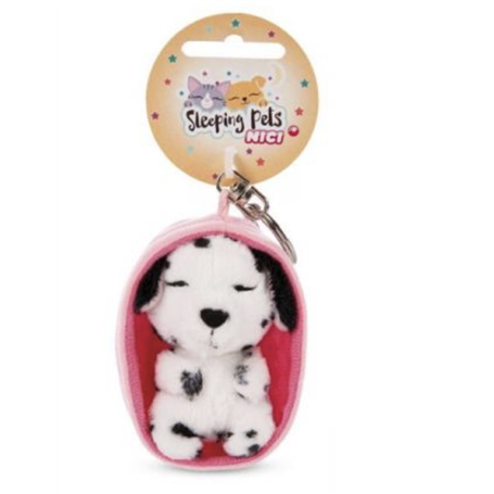 PELUCHE PORTE-CLES 8 CM - CHIEN TACHETE NOIR ET BLANC ENDORMI