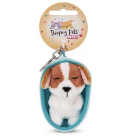 PELUCHE PORTE-CLES 8 CM - CHIEN TACHETE MARRON ENDORMI