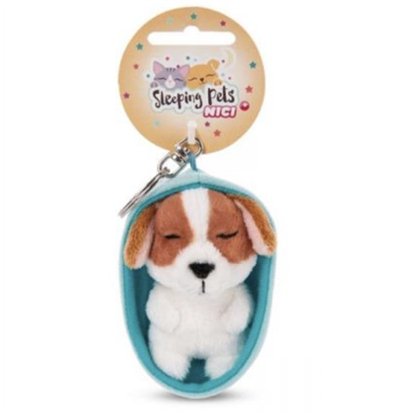 PELUCHE PORTE-CLES 8 CM - CHIEN TACHETE MARRON ENDORMI
