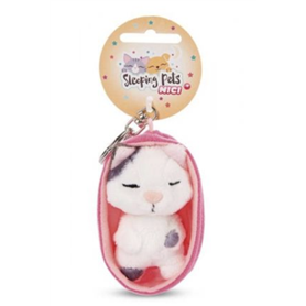 PELUCHE PORTE-CLES 8 CM - CHAT TACHETE GRIS ENDORMI
