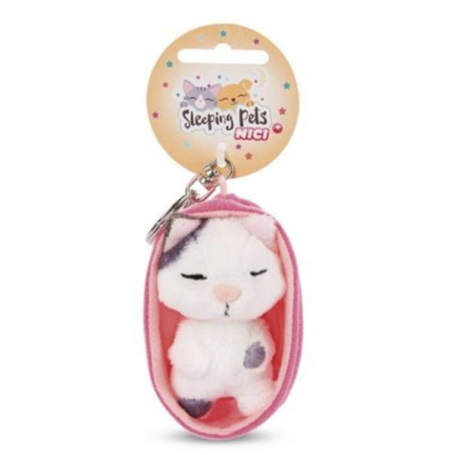 PELUCHE PORTE-CLES 8 CM - CHAT TACHETE GRIS ENDORMI