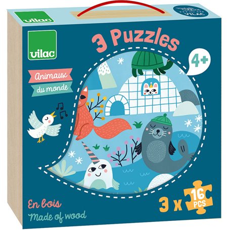 Coffret puzzles 3x16 pcs Animaux du monde