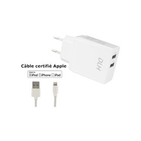 DLH CHARGEUR SECTEUR 2 PORTS USB 12W AVEC CABLE APPLE LIGHTNING MFI POUR IPHONE ET IPAD