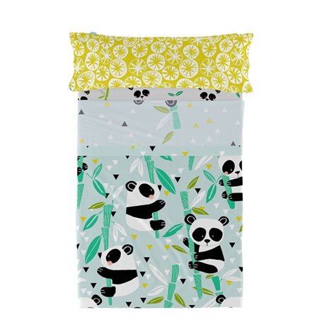 Jeu de draps HappyFriday Moshi Moshi Panda garden blue Bleu Lit 1 persone 2 Pièces