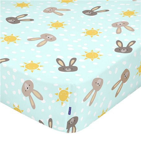 Drap housse HappyFriday MOSHI MOSHI Bleu Multicouleur 60 x 120 x 14 cm Lapin