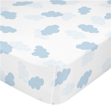 Drap housse HappyFriday BASIC KIDS Bleu Blanc 70 x 140 x 14 cm Nuages