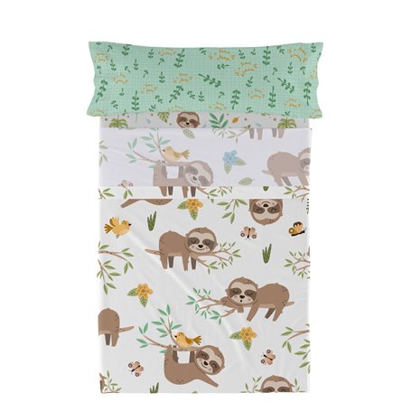 Jeu de draps HappyFriday Moshi Moshi Happy sloth Multicouleur Lit 1 persone 2 Pièces