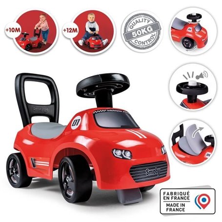 Smoby - Porteur enfant 2 en 1 - Auto Rouge - Coffre sous la selle + klaxon - Des 10 mois - Fabrication française