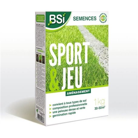 BSI - Semences de Gazon - Sport & Jeu - Avec Enrobage Protecteur - Haute qualité - jusqu'a 50 m² - 1Kg