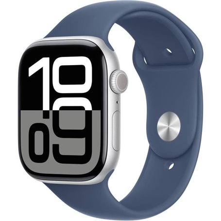 Apple Watch Series 10 GPS - 46mm - Boîtier Silver Aluminium - Bracelet Denim Sport Band - S/M