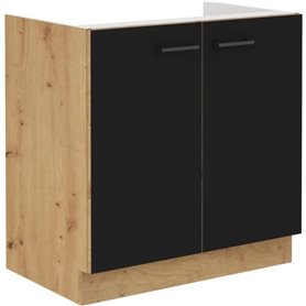 Meuble sous evier - MODENA - 80 cm - 2 portes battantes - Chene artisan et noir mat - CUISINIER