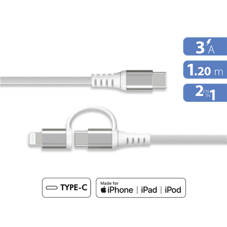 Câble 2 en 1 Renforcé USB C/USB C + LIGHTNING 1