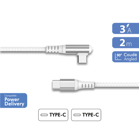 Câble Coudé Renforcé USB C/USB C 2m 60W Blanc - Garanti à vie Force Power Lite