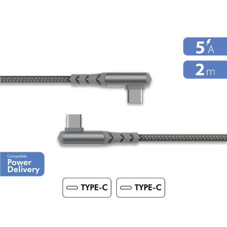 Câble Coudé Ultra-renforcé USB C/USB C 2m 60W Gris - Garanti à vie Force Power