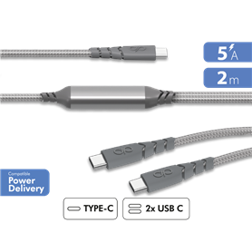 Câble Duo Ultra-renforcé USB C/USB C + USB C 2m 100W Gris - Garanti à vie Force Power