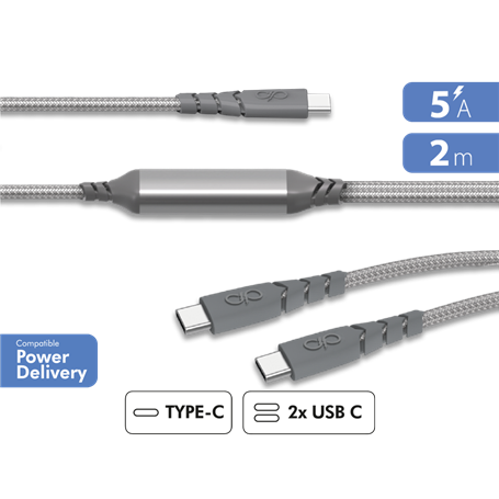 Câble Duo Ultra-renforcé USB C/USB C + USB C 2m 100W Gris - Garanti à vie Force Power