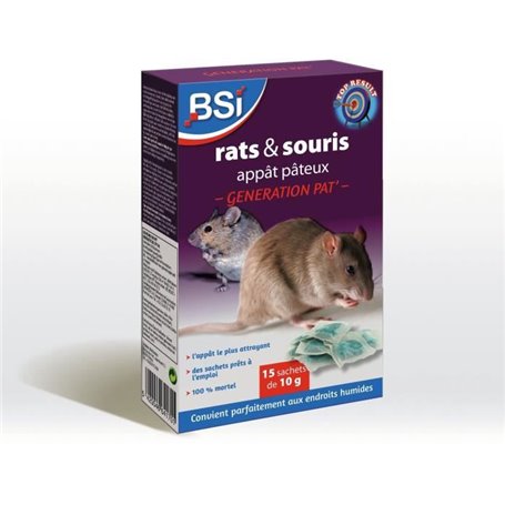 Anti-rats et souris 150g - BSI - Efficacité radicale - Generation Pat' - 15 sachets pâte 10g - Haute qualité - Adapté zones humi