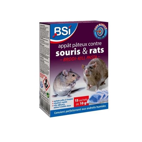 Anti-rats et souris 150g - BSI - Efficacité radicale - Brodi-Kill Pâte - 15 sachets de blé de 10g - Derniere génération