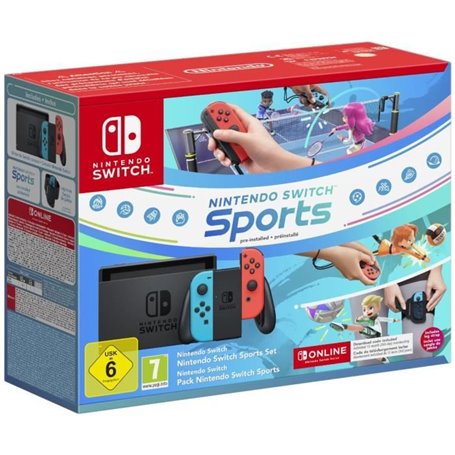 Console Nintendo Switch  Bleu Néon & Rouge Néon + Nintendo Switch Sports (Pré-installé) + 12 mois d'abonnement NSO (Code)