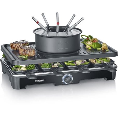 Combiné Raclette-Fondue - SEVERIN - RG2347 - 8 pers - Caquelon avec 8 fourchettes et 8 spatules - Noir