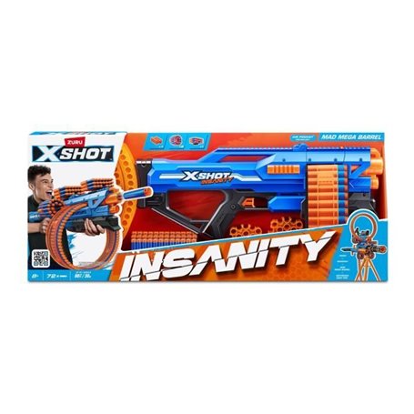 Blaster Rotatif - ZURU - XSHOT Insanity Mad Mega Barrel - Blaster avec barillet de 72 fléchettes et portée de 27 metres