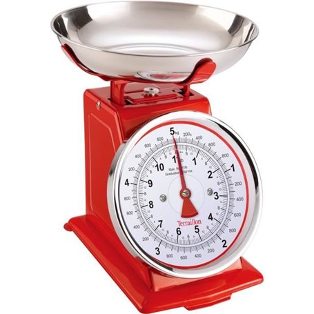 Balance de cuisine mécanique - TERRAILLON - TRAD 500 Rouge - Portée 5 Kg - Style rétro - Bol 1 L