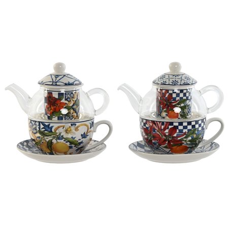 Théière Home ESPRIT Bleu Blanc Verre Porcelaine (2 Unités)