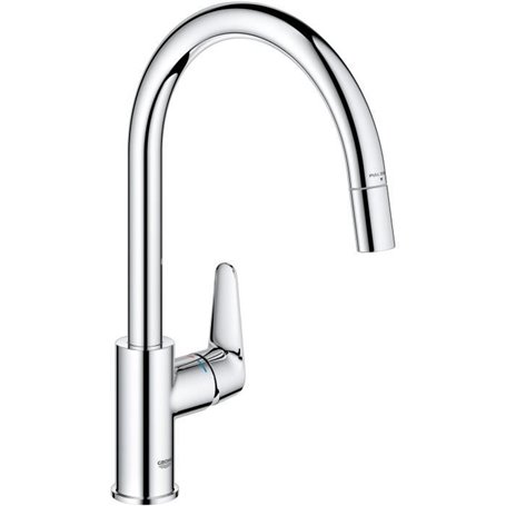 Robinet de cuisine - Chromé - Bec haut en C - Mousseur extractible - Rotation 360 - Limiteur de débit - GROHE Start Curve -